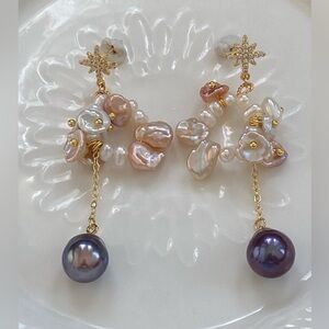 E50-Handmade Pink and White Petal pearl And Edison Pearl Earring